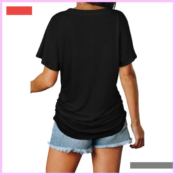 Women's V-Neck Dolman Top with Side Shirring Loose Fit T-Shirt - Picture 4 of 4